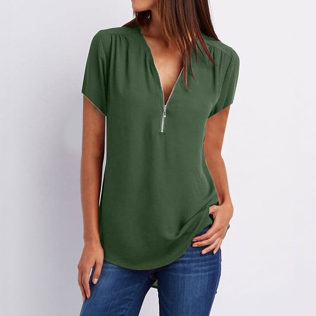 Mefallenssiah Débardeur Court Femme Été Manches Courtes Fermeture à Glissière Tunique Décontractée Col en V Blouse Roulable