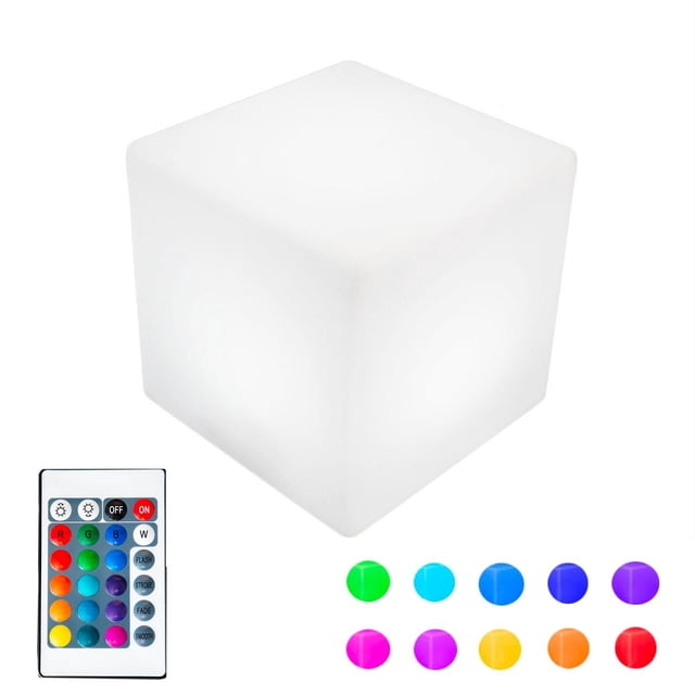 Novelty Lights 16 Inch RGB Cube Rechargeable Night Light featuring a white cube design with a smooth surface. The image includes a remote control with 16 color options and buttons for brightness and dynamic light effects. The cube is waterproof and suitable for indoor and outdoor use, offering up to 8 hours of cordless operation after a 6-hour charge. Ideal for mood lighting in bedrooms, patios, or as a decorative piece for events.