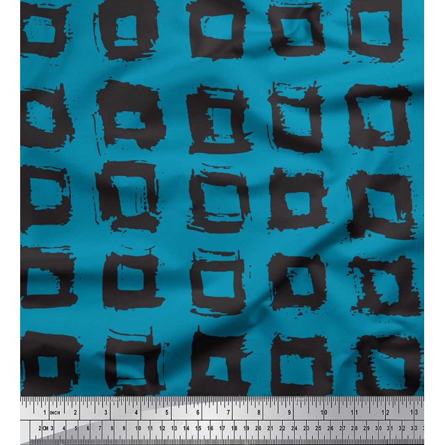 Soimoi Blue Poly Georgette Fabric Square Geometric Printed Fabric 1 Yard 42 Inch Wide