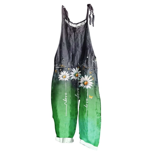 yoeyez Rompers for Women Summer,Ladies Print Summer Plus Size Long Jumpsuits Sleeveless Adjustable Straps Backless Overalls Jumpsuits With Pockets Green,L
