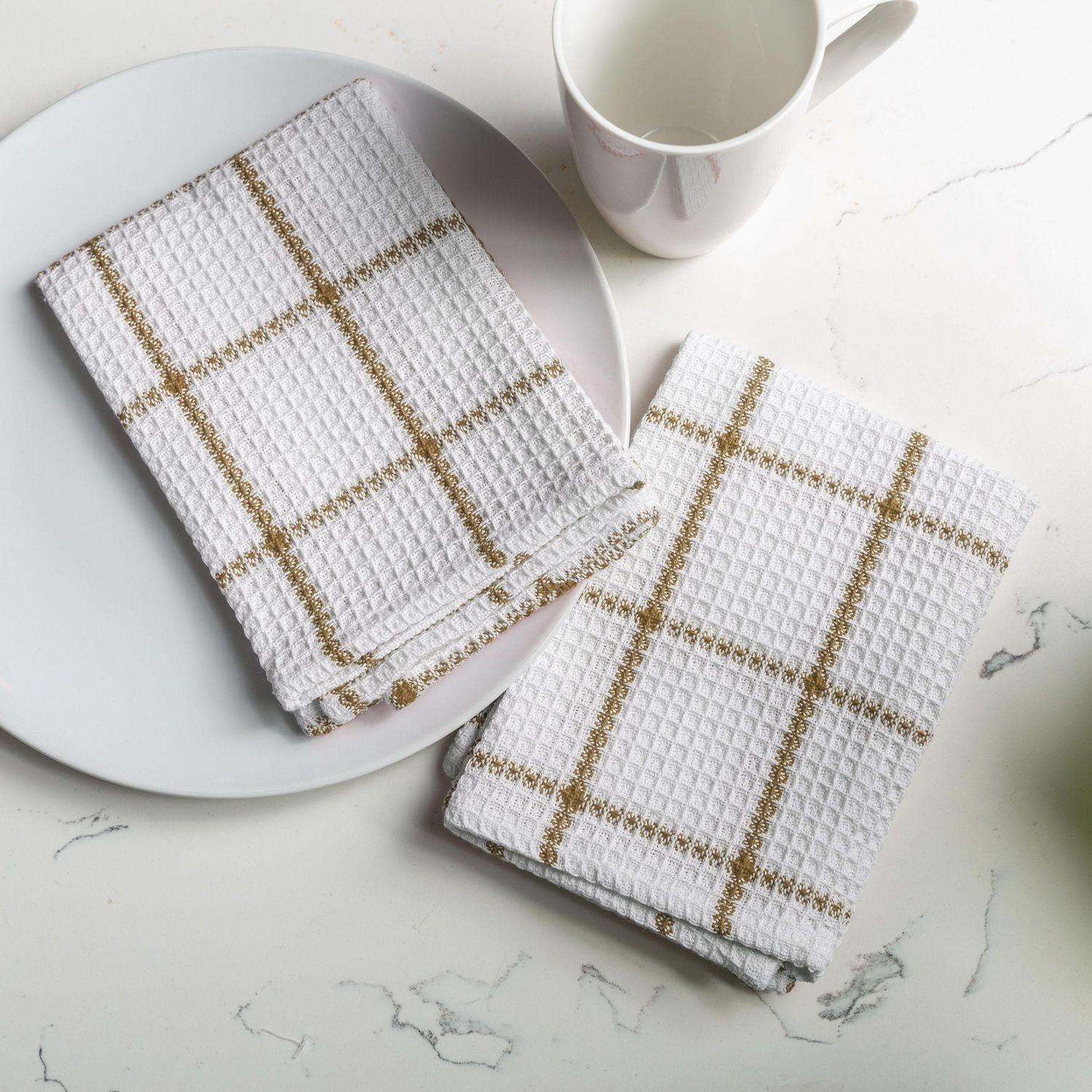 Serviettes à vaisselle FabStyles Solo gaufres, lot de 4, coton filé à l'anneau, lavable en machine, linges à vaisselle longue durée, torchons
