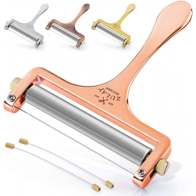 Cheese Slicer With Wire and Adjustable Thickness - Heavy Duty Stainless Steel - 2 Extra Wires Included-Rose Gold