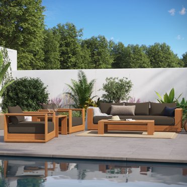 Modway Tahoe 5-Piece Outdoor Patio Furniture Acacia Wood Set in Natural Cocoa