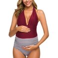 thumbnail image 1 of Maillots de Maternité une Pièce à Rayures, Maillot de Bain à Tour de Cou, Monokini à Col en V Profond, Taille Haute, Rouge (3TG, 1 of 8