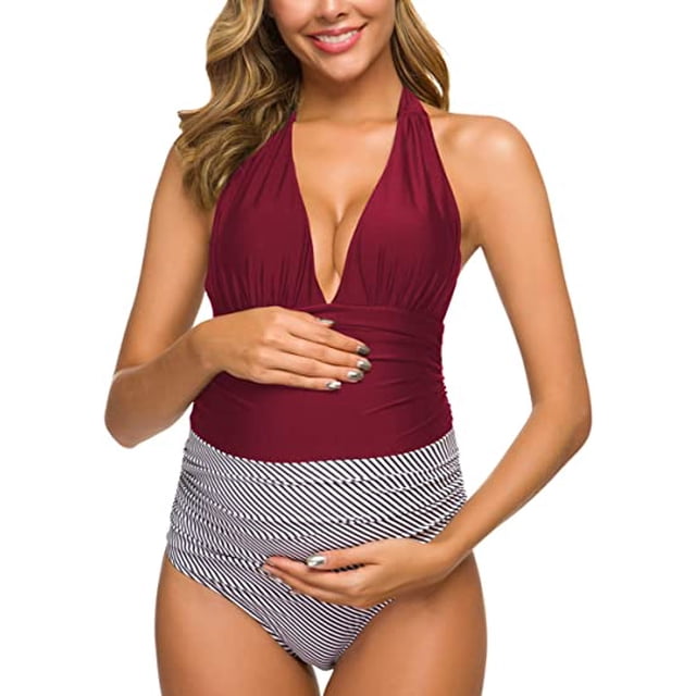 Maillots de Maternité une Pièce à Rayures, Maillot de Bain à Tour de Cou, Monokini à Col en V Profond, Taille Haute, Rouge (3TG