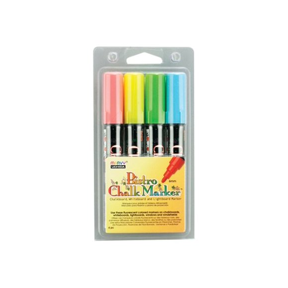 Marvy Uchida Bistro Chalk - Marqueur - Non Permanent - pour Verre, Tableau Noir - Bleu fluorescent, Rouge fluorescent, Jaune fluorescent, Vert fluorescent - Encre Pigmentaire à Base d'Eau - 6 mm (Lot de 4)