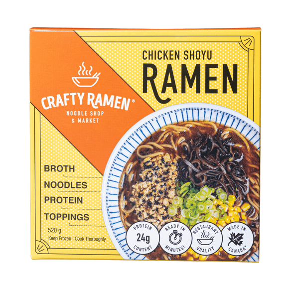 Ramen shoyu au poulet Ramen congelé de qualité restaurant - 520g, 24g de protéines par portion. Comprend: bouillon, nouilles, protéine, garnitures. Prêt en quelques minutes.