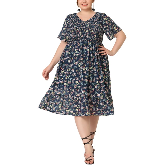 GRACE & GRANDEUR Robe Midi Évasée Élégante à Smocks à Fleurs pour Femme Grande Taille2X Bleu