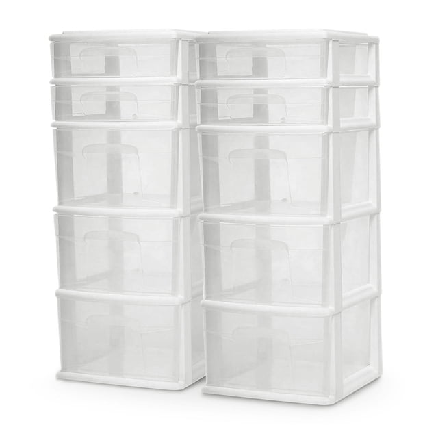 Homz Tour de Rangement Domestique en Plastique à 5 Tiroirs, Cadre Blanc (Lot de 2)