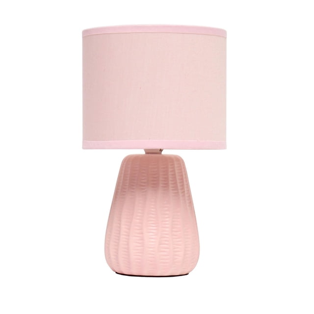 Simple Designs 11.02" Traditional Mini Modern Ceramic Texture Pastel Accent Bedside Table Desk Lamp in soft pink with a textured ceramic base and matching fabric drum shade, ideal for bedroom, nightstand, or living room use and suitable as a decorative accent piece.