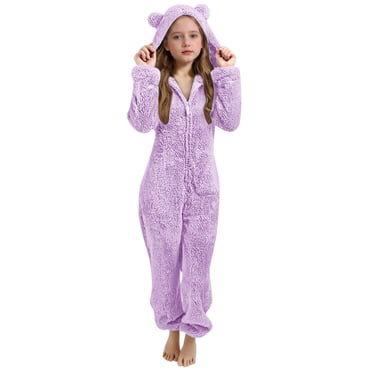 aohooy Pyjama à Glissière pour Grande Fille, Combinaison Ample en Molleton Sherpa d'Hiver à Manches Longues, une-Pièce de Détente avec Capuchon à Oreilles, Noir, 9 Ans
