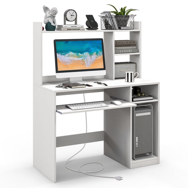Patiojoy Computer Desk w/ Charging Station 43.5" Gaming Table Workstation w/ Keyboard Tray CPU Stand & Storage Shelves White
