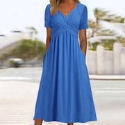 Pisexur Short Sleeve V-Neck Dress Fashion Women's Casual Short Sleeve Printed Round-Neck Ladies Dress Dresses Women Dress