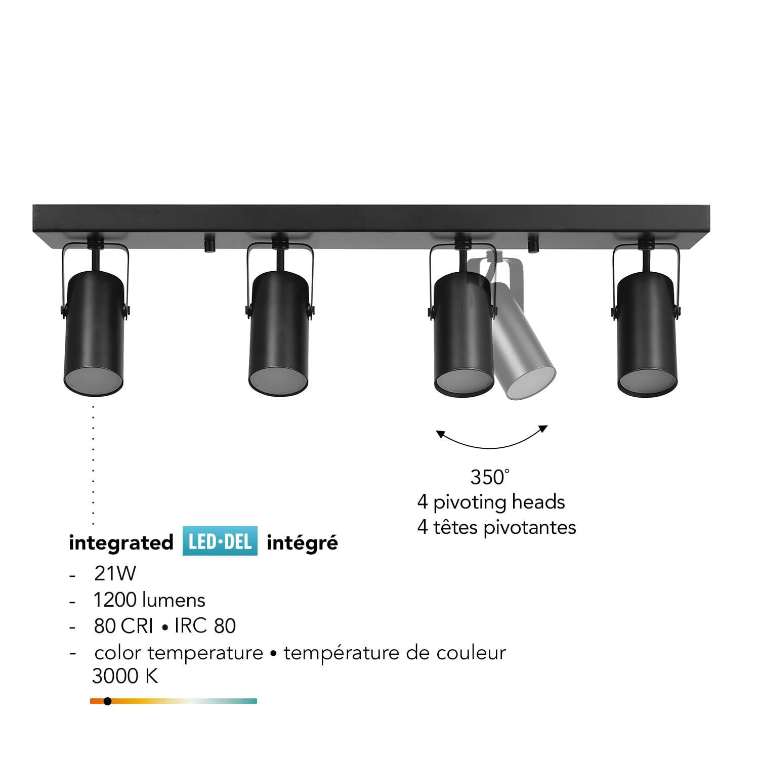 Globe Electric 4-Light Matte Black Dimmable 22W LED Integrated Track Lighting with Rotating Track Heads, Modern Style