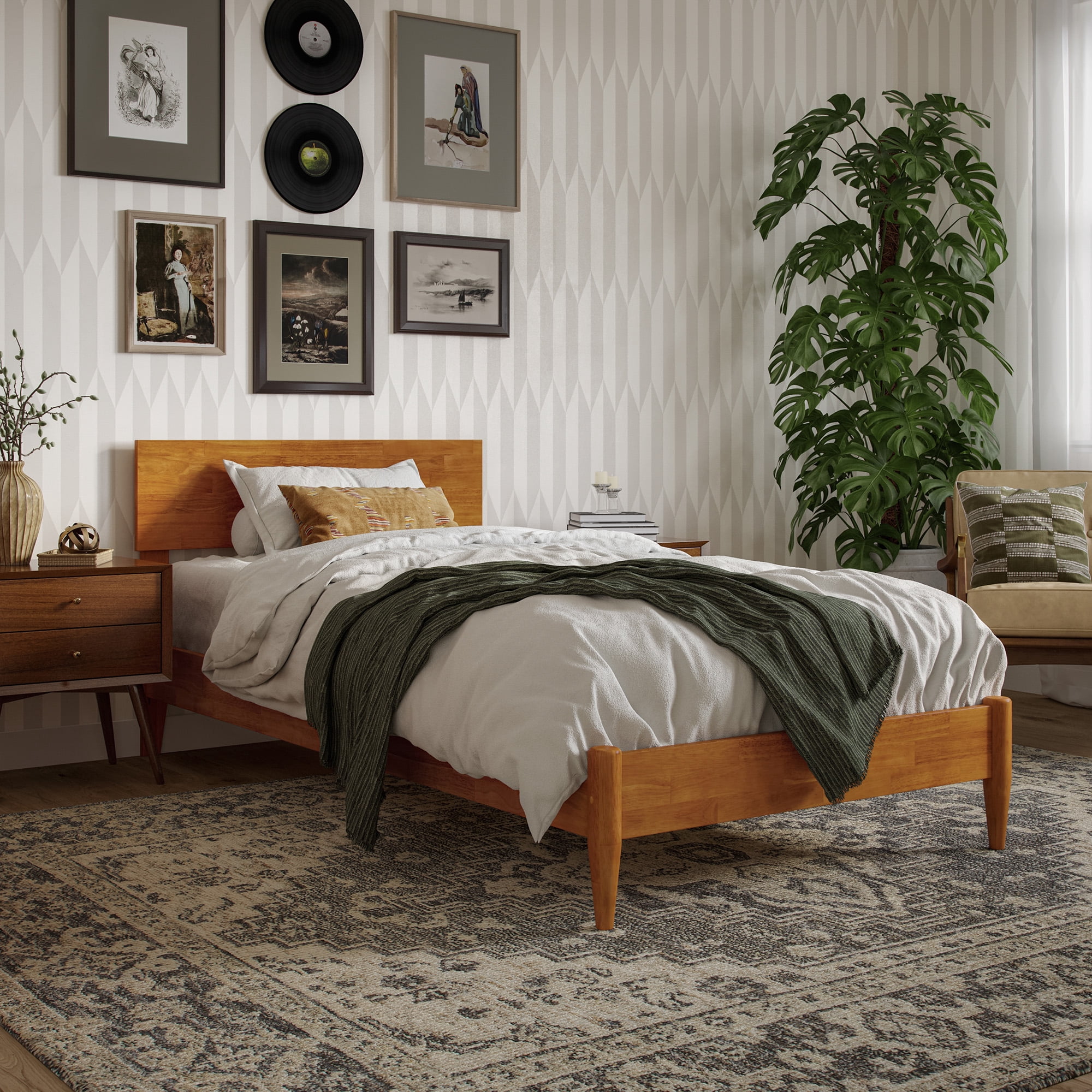 Aria Lit Plateforme Moderne à Profil Bas en Bois Massif Simple TG, Couleur Caramel Pâle