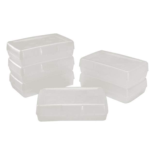 Storex Standard Plastic Pencil Box, a clear lightweight pencil case with secure snap latch and integrated hinge, shown stacked and flat, ideal for students from grade school to college to organize supplies efficiently.