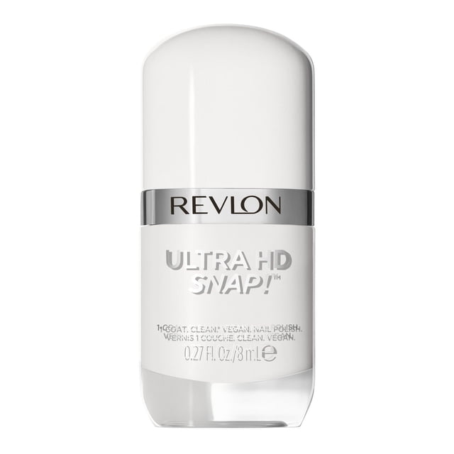 Revlon Ultra HD Snap Vegan Glossy Nail Polish 8mL in a white ergonomic bottle with a silver band and black Revlon logo, featuring quick-drying, one-coat full coverage formula made with over 78% natural ingredients and free from 20 controversial chemicals, suitable for easy at-home manicures.