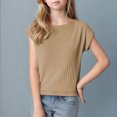 thumbnail image 2 of LLYWEY Girls Ribbed Sweaters , Casual Loose Cap Sleeve Round Neck Pullover Tops Fall Shirts, Khaki, M, 2 of 3