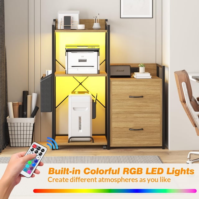 AKDSteel 2 Drawer File Cabinet For Letter, Legal & a4, Printer Cabinet With Led Lights And Power Strip For Home Office