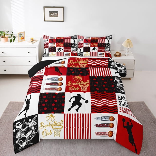 Erosebridal Sports Bedding Full Comforter Set,Basketball Down Comforter,Red White Buffalo Bedding Sets Full With Comforter, Microfiber Bedroom Decor,3 Pieces Reversible