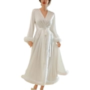 Lixiuxyad Kimono Robe Satin Long Bathrobe For Valentine's Day And,White