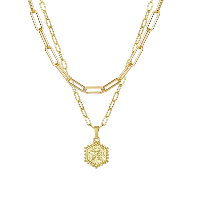 PVCS Collier Chaîne Plaqué Or pour Femmes Pendentif Lettre Hexagonale Collier Superposé