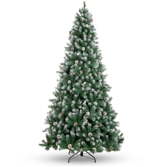Best Choice Products Arbre de Noël Pré-Décoré de 7,5 Pieds pour la Maison, le Bureau, la Décoration de Fête avec 1 346 Branches en PVC, Design Partiellement Floqué, Pommes de Pin, Charnières et Base en Métal - Vert/blanc