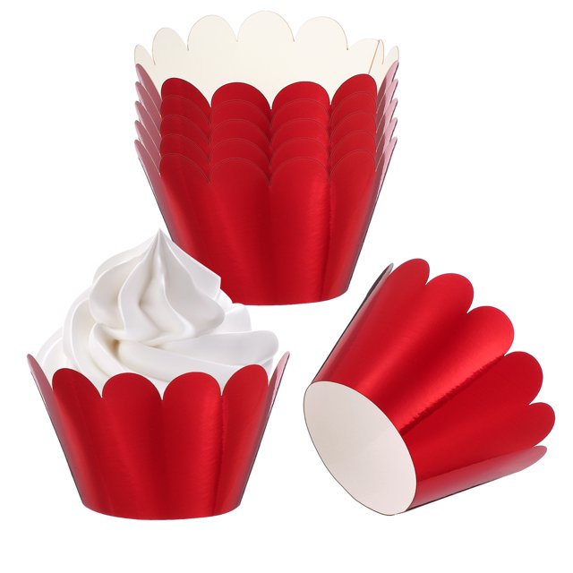 Uxcell Cupcake Wrappers Paper, 50 Pack Baking Cups Decoration for Anniversary Birthday Weddings, Light Gold Reflective Red