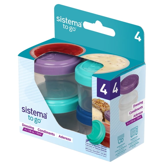 Sistema To Go Dressing Containers, 35 mL, Assorted Lid Colours, 4 Pack