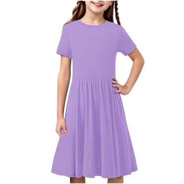 Swstbby Liquidation d'Économies d'Été 2025! Robe d'Été pour Filles, Robe Extensible à Manches Courtes à Imprimé Uni pour Tout-Petits et Filles, Robe Trapèze Violette 13-14 Ans