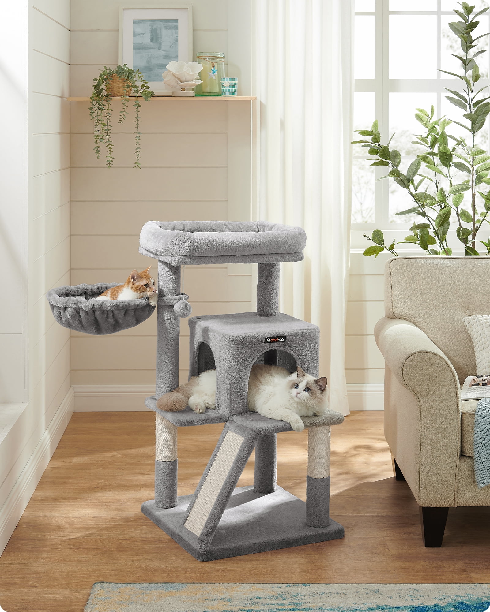 Feandrea Cat Tree, Multi-Level Cat Tower with Widened Perch for Large Cats Indoor, Kittens, Cat Condo with Scratching Posts and Ramp, Light Gray
