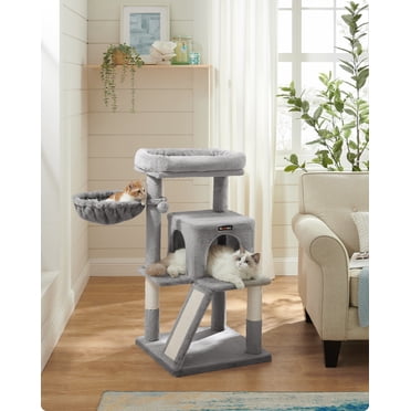 Feandrea Cat Tree, Multi-Level Cat Tower with Widened Perch for Large Cats Indoor, Kittens, Cat Condo with Scratching Posts and Ramp, Light Gray