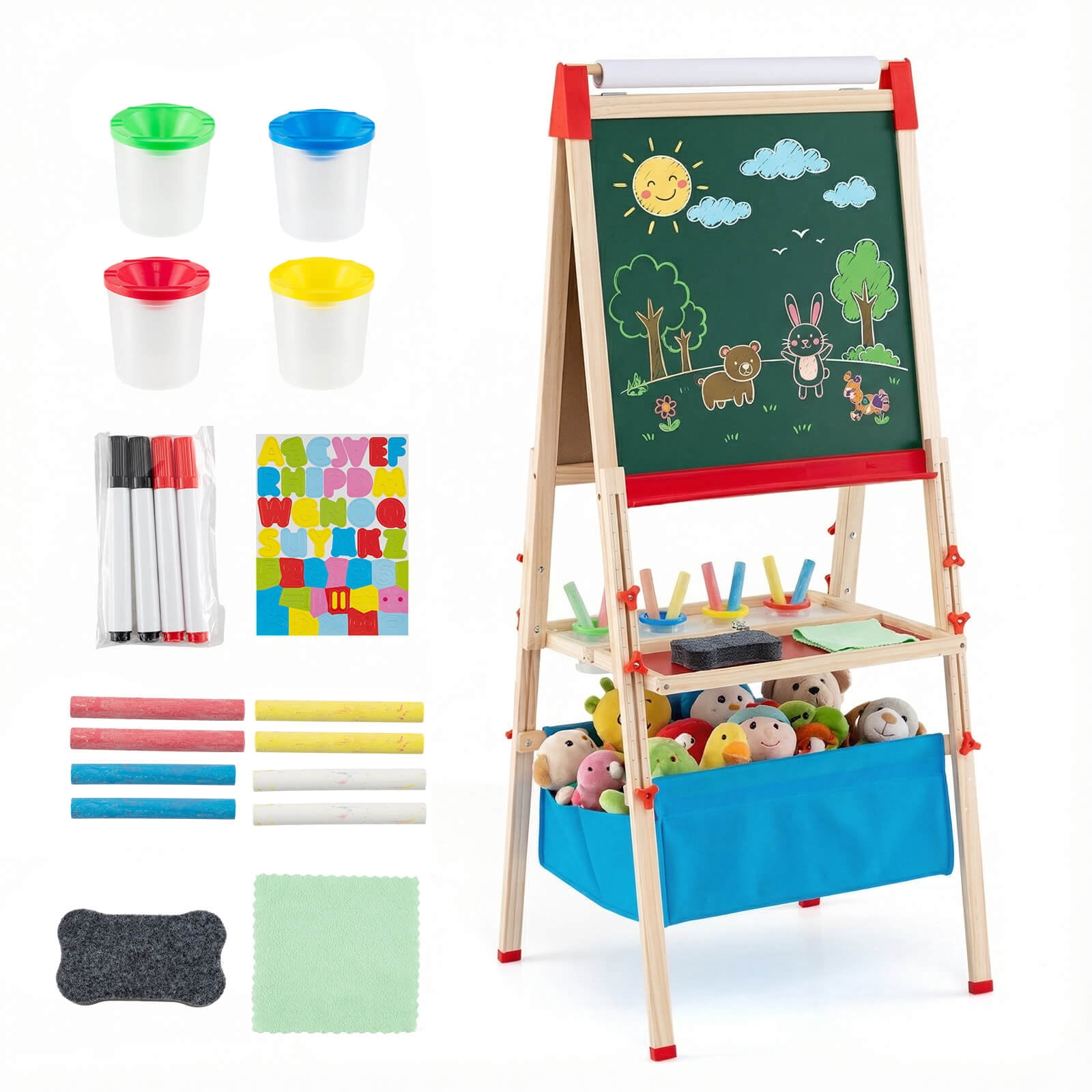 Costway 3-In-1 Height Adjustable Magnetic Whiteboard & Chalkboard with Drawing Paper Roll