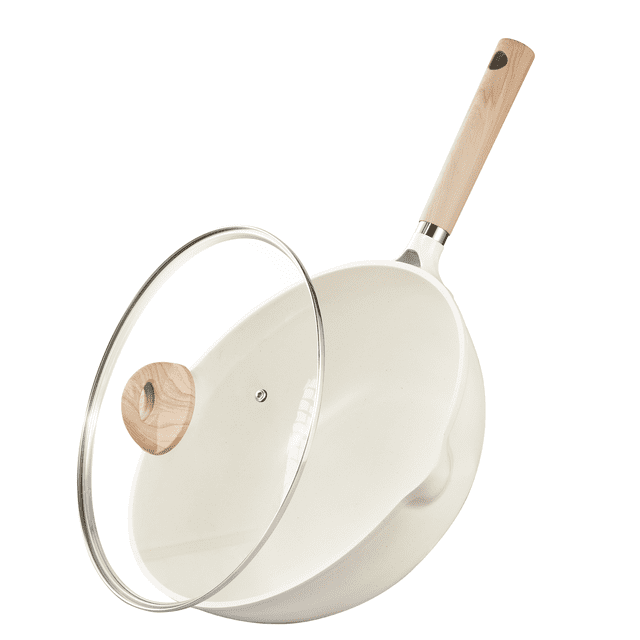 Carote 12" Wok Pan with Lid, Nonstick Cookware with Induction, All Stoves Compatible, Easy to Clean, White Granite