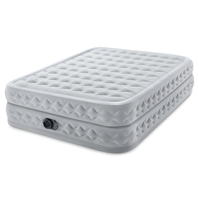 Intex 64489ED Dura Beam Supreme Air Flow Air Mattress with Built In Pump, Queen. This white queen-sized air mattress features a Velvetaire soft surface and Air-Flow technology for even air distribution. Constructed with durable Fiber-Tech technology, it includes a built-in electronic pump for easy inflation and deflation. The mattress measures 60 x 80 x 20 inches and comes with a carrying case for portability.