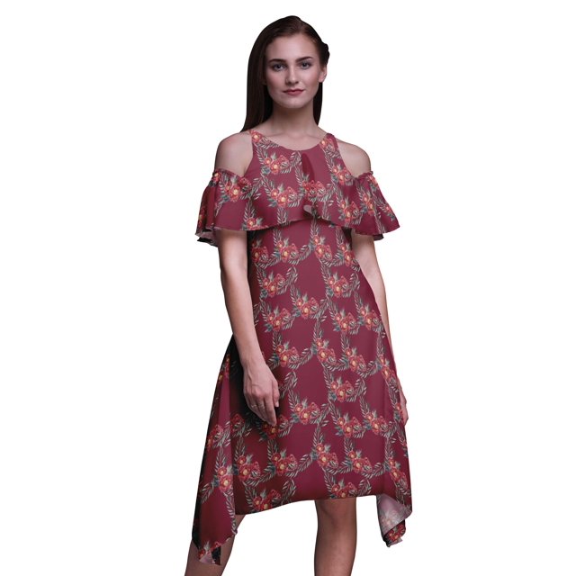 Bimba Robe Midi de Fête pour Femmes à Épaules Dénudées, Tunique, Manches Volantées, Imprimé Floral Rouge - XXX-Large