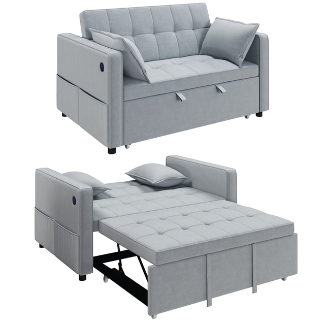 HOMCOM Sofa Bed, Pull Out Sleeper Sofa w/ USB Charging, Adjustable Backrest