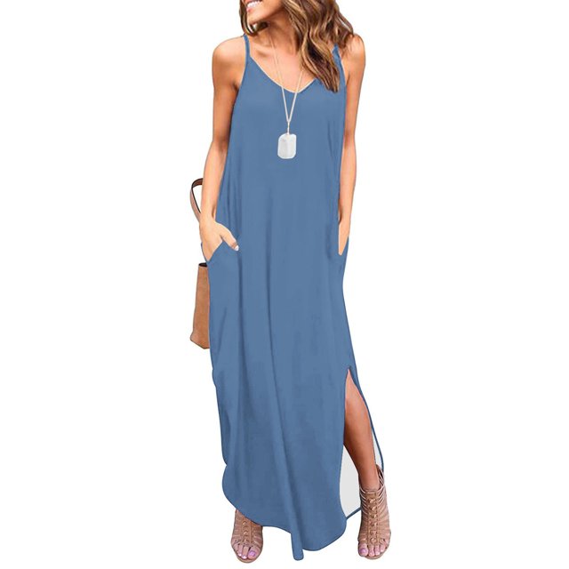 Robes pour Femmes Été 2023 Mode Femmes Décontracté Col en V Robes Unies Été Robe Sans Manches à Enfiler Robes de Soirée pour Femmes Élégantes Chic en Liquidation