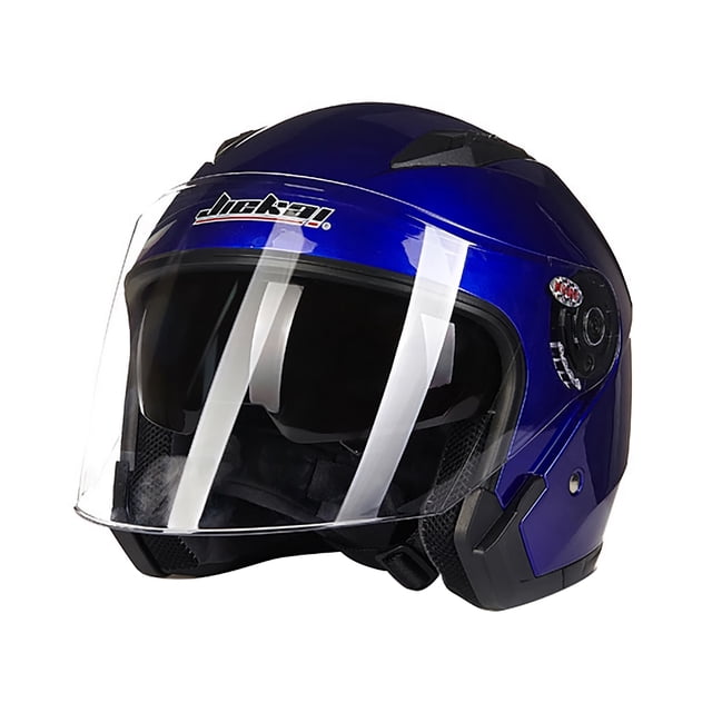 Motorcycle Helmet with Dual Lens Visor, Lightweight and Breathable (Blue) - 512. This XXL-sized helmet features a durable ABS shell with a glossy blue finish, dual visor and mirror system for enhanced visibility, and a breathable, comfortable lining. The lightweight design, weighing 1 kg, ensures portability and comfort for all-season use. Dimensions: 30 x 25 x 22 cm.
