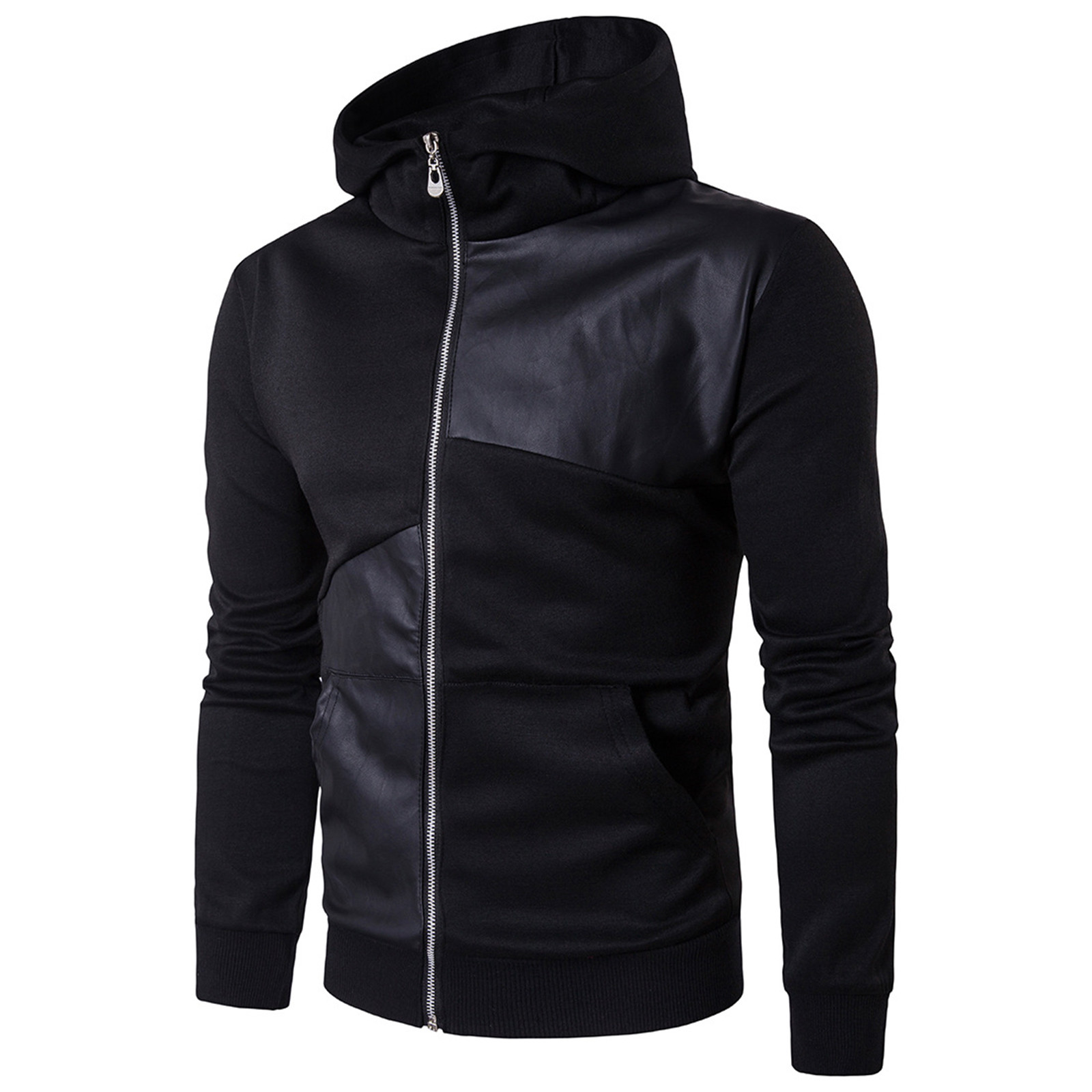 Sweat à Capuche Printemps et Automne pour Hommes Col Montant Pull Décontracté Noir Patchwork en Cuir