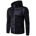 thumbnail image 1 of Sweat à Capuche Printemps et Automne pour Hommes Col Montant Pull Décontracté Noir Patchwork en Cuir, 1 of 9