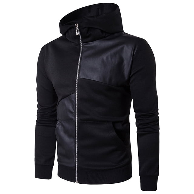 Sweat à Capuche Printemps et Automne pour Hommes Col Montant Pull Décontracté Noir Patchwork en Cuir