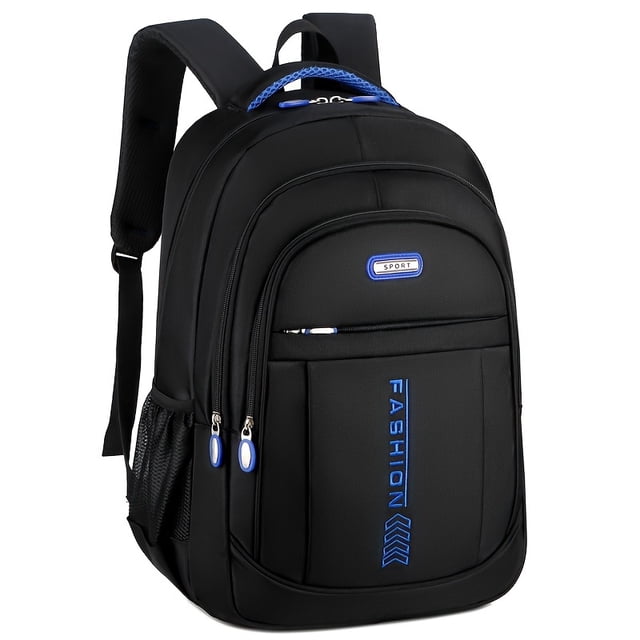 Sac Imperméable Renforcé à Grande Capacité, Sac d'École pour Étudiants Universitaires, Sortie. un Sac à Dos en Tissu Noir avec une Doublure en polyester Hydrofuge, Comprenant Plusieurs Compartiments Zippés, des Bretelles Ajustables et des accents alphabet Bleus. Conçu pour les Sorties Sportives et Décontractées, Il Comprend une Poignée Supérieure et des Poches Latérales en Maille pour une Fonctionnalité Accrue.