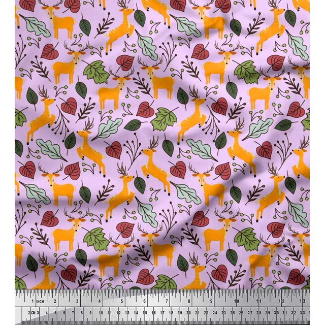 Soimoi Polyester Crepe Fabric Leaves & Reindeer Animal Printed Fabric 1 Yard 42 Inch Wide