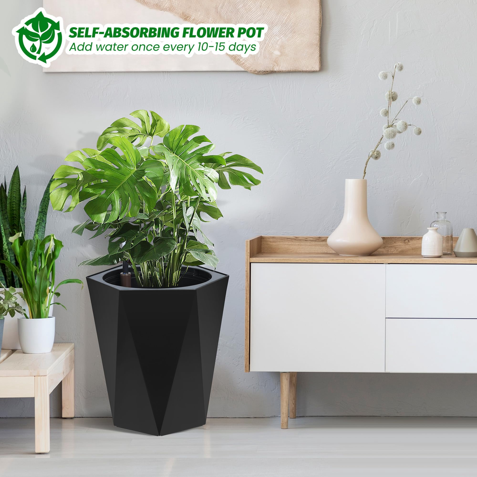 Large Planters Set of 2, Self-Watering Diamond Flower Pots with Water Level Monitor, Tall Floor Standing Rhombus Planter with Wheels & Hidden Handles, Indoor Outdoor for Patio, Living Room