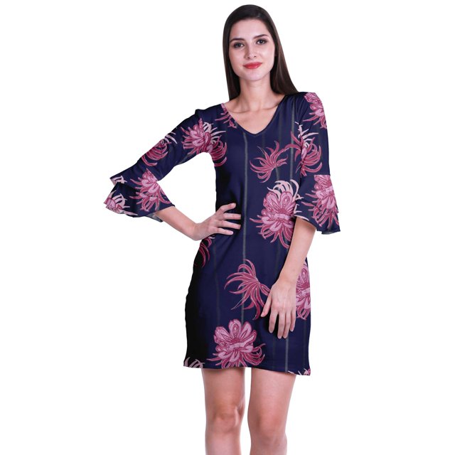 Moomaya Robe Courte Imprimée pour Femmes, Manches Évasées, Coupe Droite, Robes pour Femmes, Vêtements d'Été Décontractés