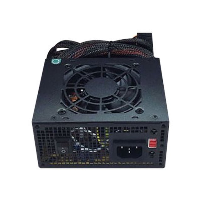 Apevia SFX-AP400W Alimentation Interne d'Une Capacité de 400 Watts, Conçue dans un Facteur de Forme compact SFX12V. l'Unité Présente une Finition Noir Mat, un Ventilateur à Détection Thermique Automatique de 80 mm pour le Refroidissement et des Câbles Gainés pour la Durabilité. les Connecteurs Visibles Incluent une Alimentation Principale de 20+4 Broches, 4 Broches 12V (P4), 6+8 Broches PCIe, 2 SATA, 2 Molex et 1 Connecteur à Tige Souple. l'Alimentation