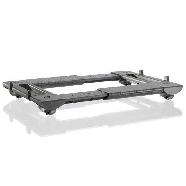 Humidifier Trolley en Noir avec un Cadre Rectangulaire Extensible et des Poignées Texturées, Montré sous un angle Bas 3/4 sur une surface Blanche Réfléchissante, avec Quatre Roulettes pour un Déplacement Facile et un placement Sécurisé des Modèles d'Humidificateurs Venta LW24, LW25, LW44 et LW45 à la Maison Ou au Bureau.
