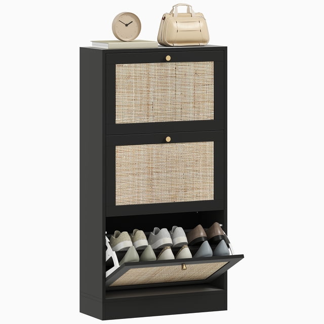 HOMCOM Rattan Shoe Storage Cabinet Organizer with 3 Flip Drawers, designed for entryway furniture. Features a black finish, natural rattan fronts, and gold knobs for a boho chic style. Includes three flip drawers with adjustable shelves, storing up to 18 pairs of shoes. Compact design fits narrow spaces, made of melamine-faced particleboard with anti-tipping stability.