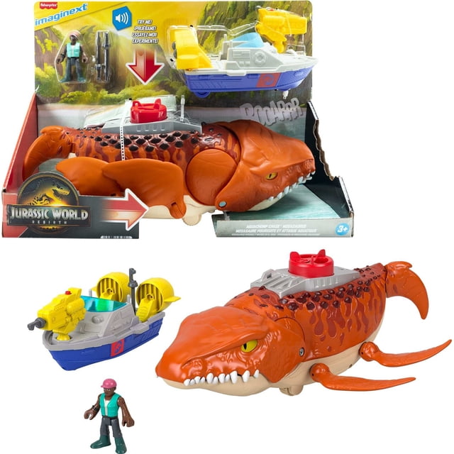Fisher-Price Imaginext Jurassic World Rebirth Aquachomp Poursuite Mosasaure Dinosaure Jouet Coffret de Jeu Mettant en Vedette un Dinosaure Mosasaure de 18 Pouces orange et Brun avec Son et Mouvement, un Bateau de Patrouille Bleu et Jaune avec Lanceur Amovible et Deux projectiles, et une Figurine Articulée de 3 Pouces en Sarcelle et Brun, Idéale pour le Jeu Imaginatif.